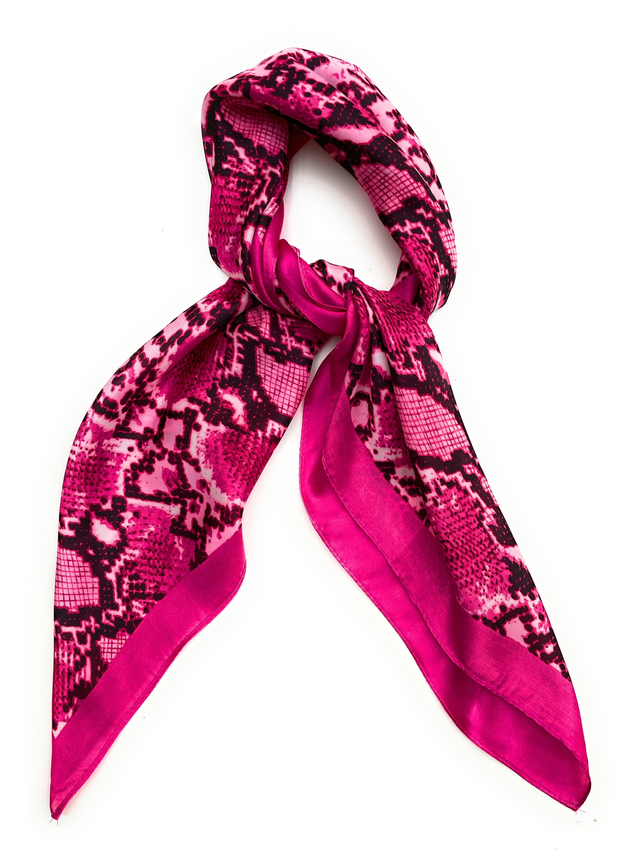 Écharpe carrée Fuchsia rose vif néon imprimé serpent, écharpe fine et soyeuse pour femmes, 70cm x 70cm, été printemps