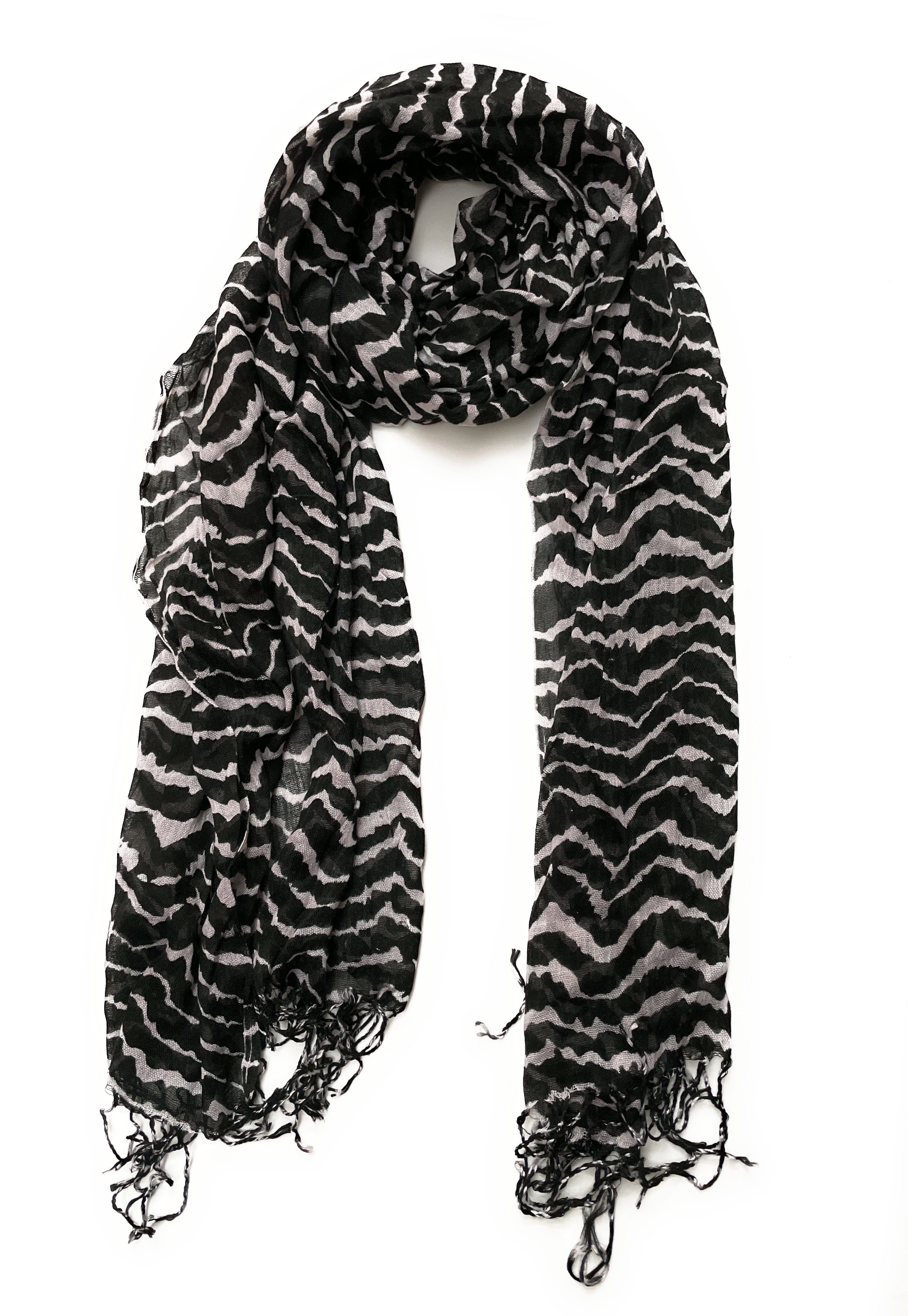 Black and White Stripes Scarf with Tassels Lightweight