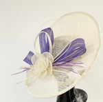 Cream Ivory and Lilac Lavender purple 41cm Large SInamay Hatinator Disc Saucer Brim Hat Fascinator on Headband
