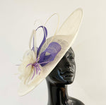 Cream Ivory and Lilac Lavender purple 41cm Large SInamay Hatinator Disc Saucer Brim Hat Fascinator on Headband