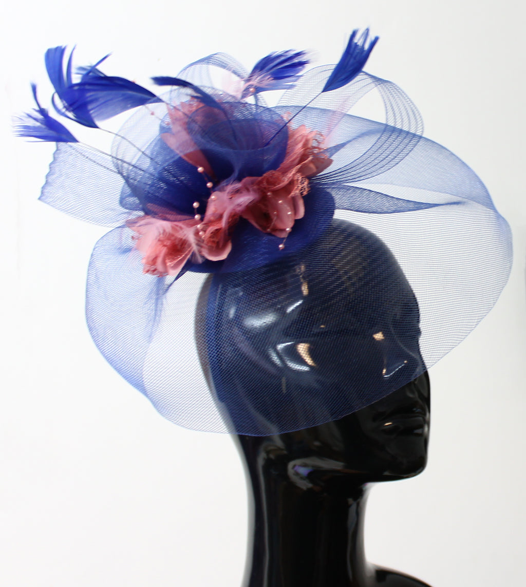 Popmix - Royal Blue and Dusty Pink Fascinator Hatinator Hat With Veil