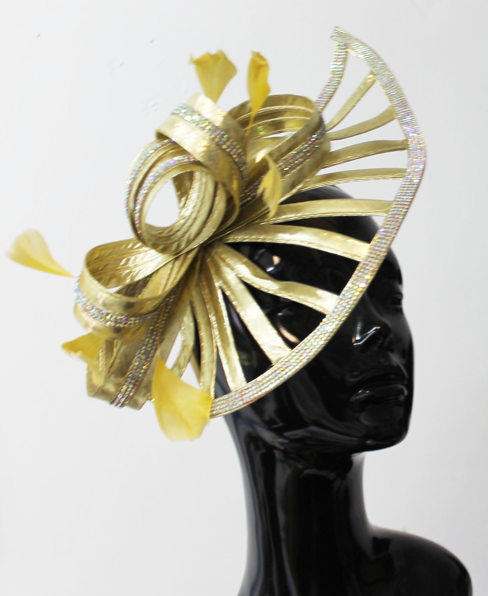 Gold Yellow Sparkly Silver Crystal Diamante Fascinator Hat Pointed Saucer on Headband