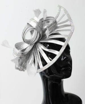 White Sparkly Silver Crystal Diamante Fascinator Hat Pointed Saucer on Headband