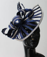 Navy Sparkly Silver Crystal Diamante Fascinator Hat Pointed Saucer on Headband