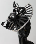 Black Sparkly Silver Crystal Diamante Fascinator Hat Pointed Saucer on Headband
