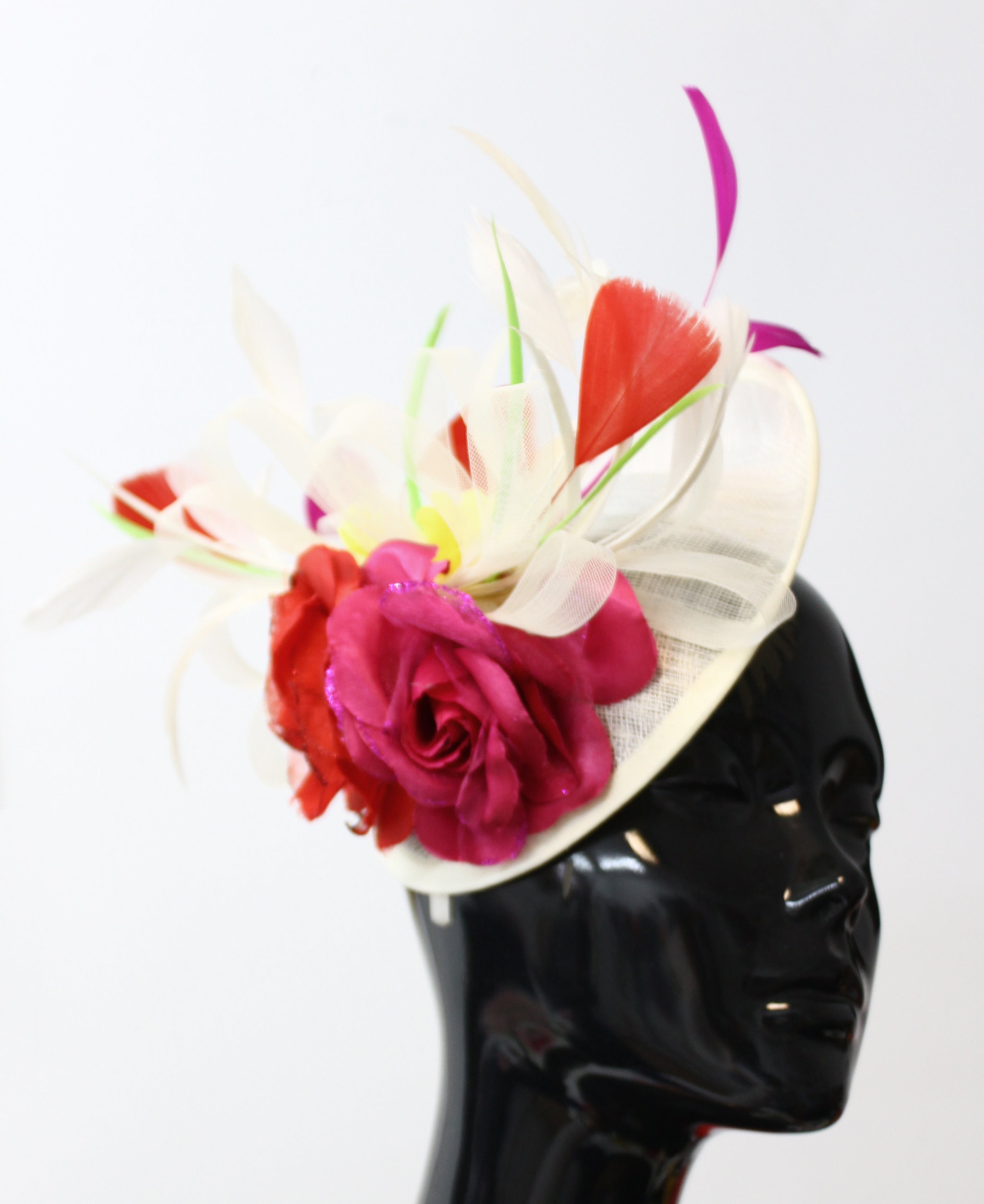 Cream Ivory Sinamay Base with Red and Fuchsia Rose Yellow Daisy and Green Feathers