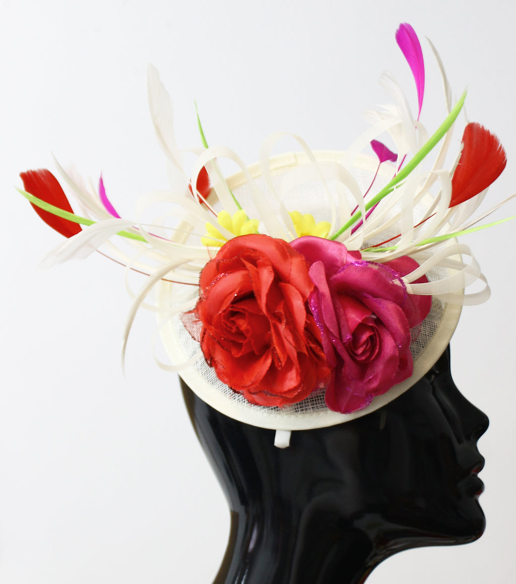 Cream Ivory Sinamay Base with Red and Fuchsia Rose Yellow Daisy and Green Feathers