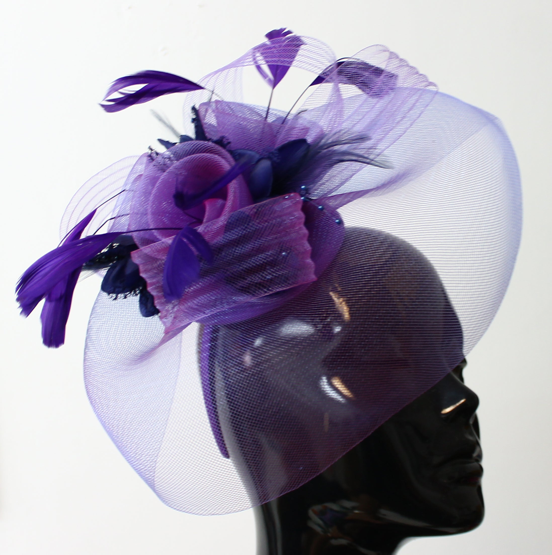 Purple and Navy Pophat Fascinator Big Veil design