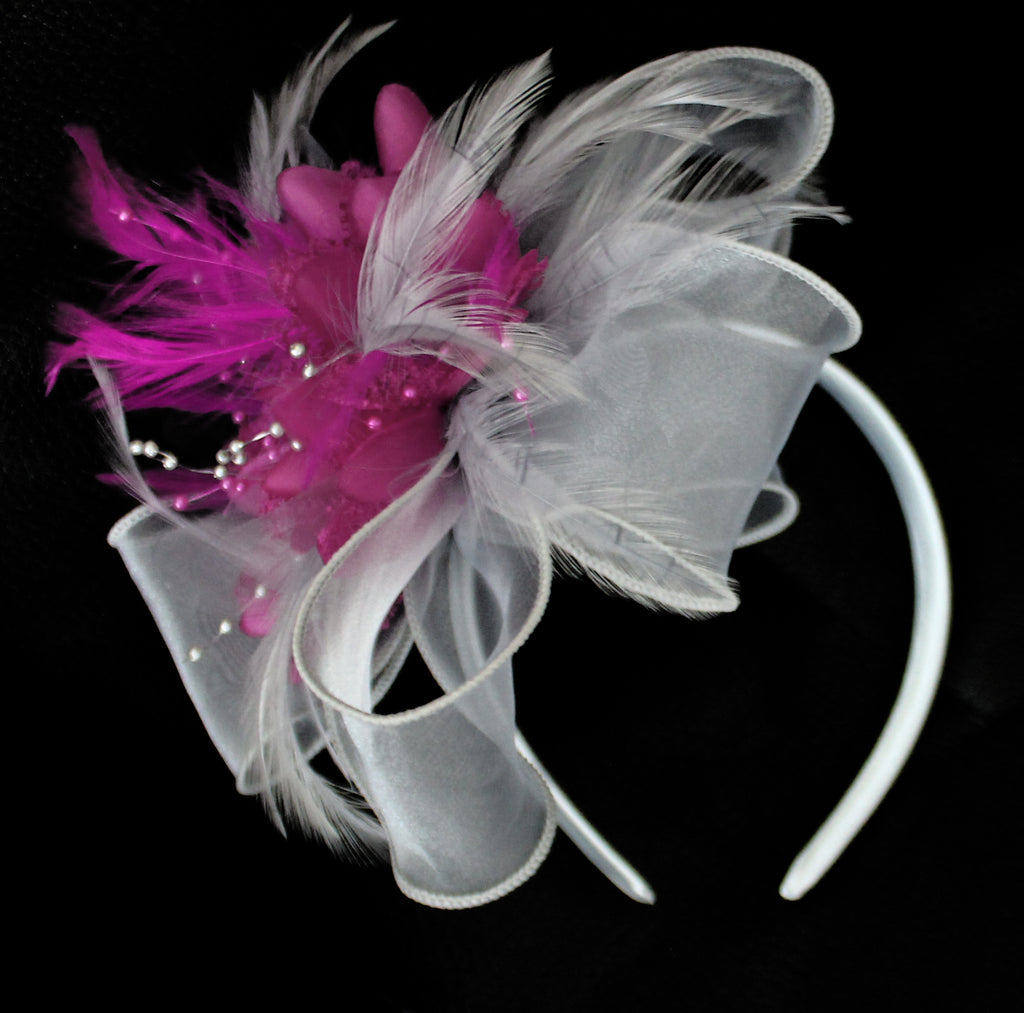 Silver and Fuchsia Pink fascinator on thick headband