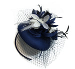 Navy and Ivory Pillbox Fascinator with birdcage veil and flower feathers