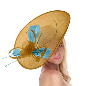 Mustard Gold Cornflower 41cm Mix Large Sinamay Hatinator Disc Saucer Brim Hat Fascinator on Headband