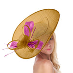 Mustard Gold Fuchsia 41cm Mix Large Sinamay Hatinator Disc Saucer Brim Hat Fascinator on Headband