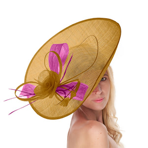 Moutarde Or Fuchsia 41 cm Mélange Grand Sinamay Hatinator Disque Soucoupe Bord Chapeau Bibi sur Bandeau