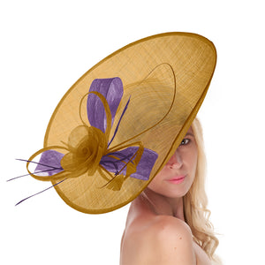 Mustard Gold Lavender 41cm Mix Large Sinamay Hatinator Disc Saucer Brim Hat Fascinator on Headband