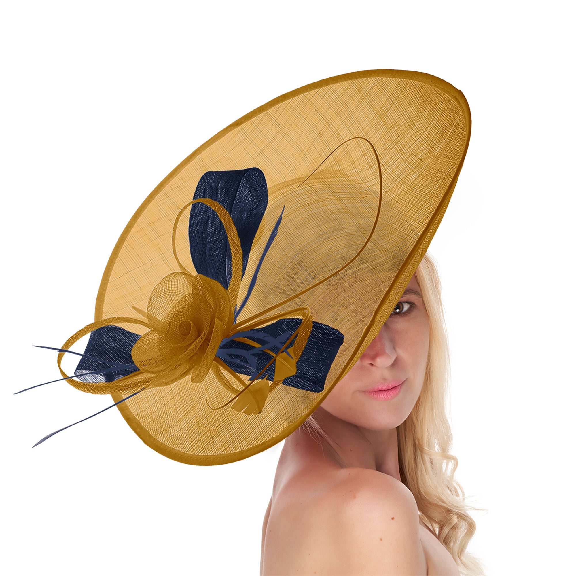 Mustard Gold Navy 41cm Mix Large Sinamay Hatinator Disc Saucer Brim Hat Fascinator on Headband