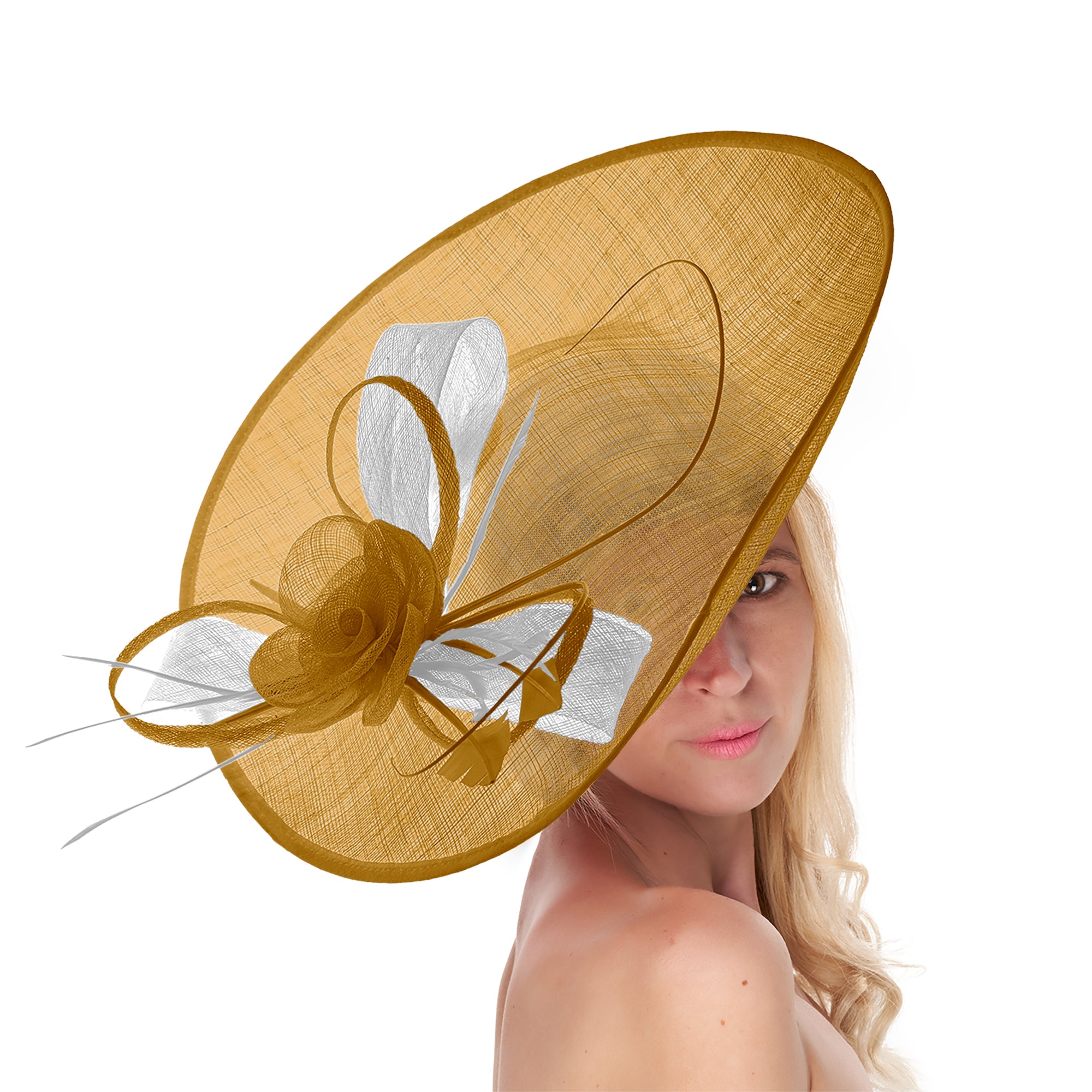 Mustard Gold White 41cm Mix Large Sinamay Hatinator Disc Saucer Brim Hat Fascinator on Headband