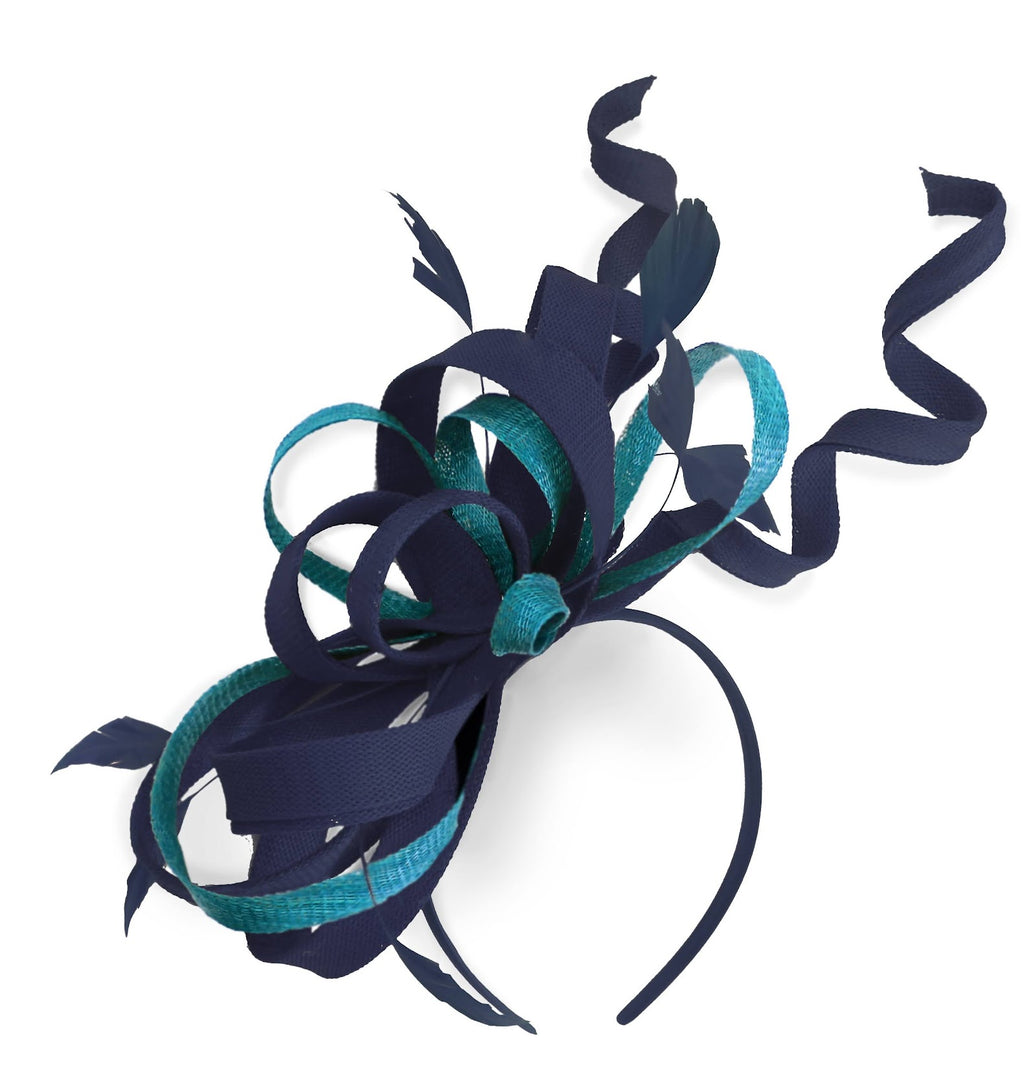 Caprilite Marine et Aqua Blue Wedding Swirl Fascinator Bandeau Alice Band Ascot Races Loop Net