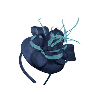 Navy Aqua Mix Round Pillbox Bow Sinamay Bandeau Fascinator Mariages Ascot Hatinator Races