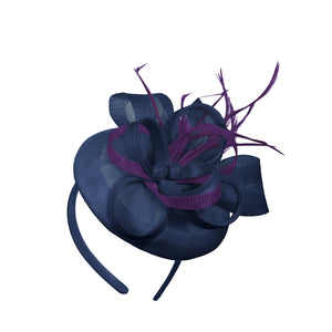 Navy Dark Purple Mix Round Pillbox Bow Sinamay Headband Fascinator Weddings Ascot Hatinator Races