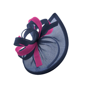 Caprilite Vegan MoonMix Hoop Fascinator Hat on Headband Wedding Ascot Races Bespoke Sinamay Disc - Navy Fuchsia
