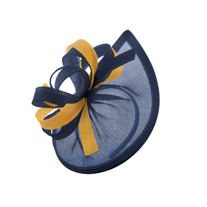 Caprilite Vegan MoonMix Hoop Fascinator Hat on Headband Wedding Ascot Races Bespoke Sinamay Disc - Navy Gold