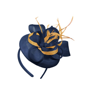 Navy Gold Mix Round Pillbox Bow Sinamay Bandeau Fascinator Mariages Ascot Hatinator Races