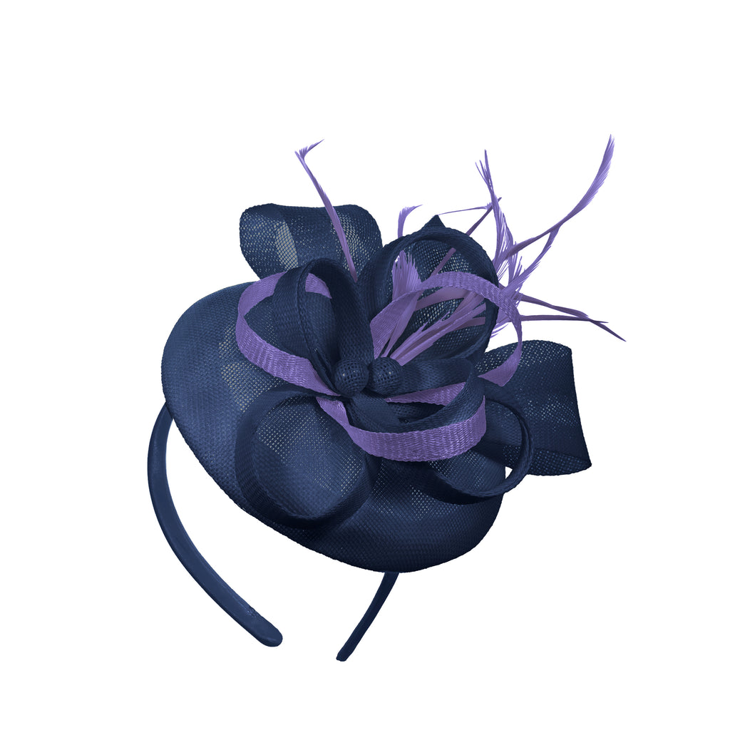 Navy Lavender Mix Round Pillbox Bow Sinamay Headband Fascinator Weddings Ascot Hatinator Races