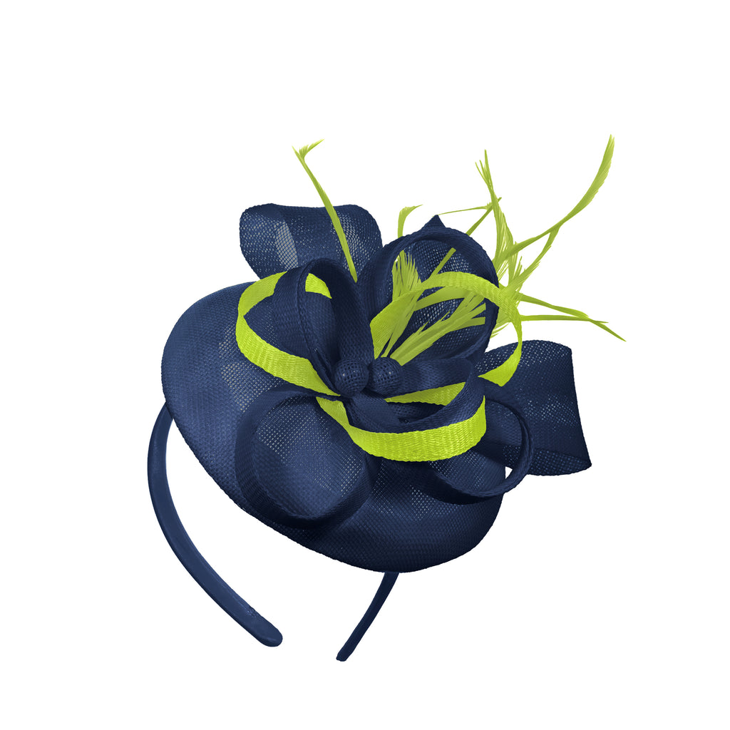 Navy Lime Mix Round Pillbox Bow Sinamay Bandeau Fascinator Mariages Ascot Hatinator Races