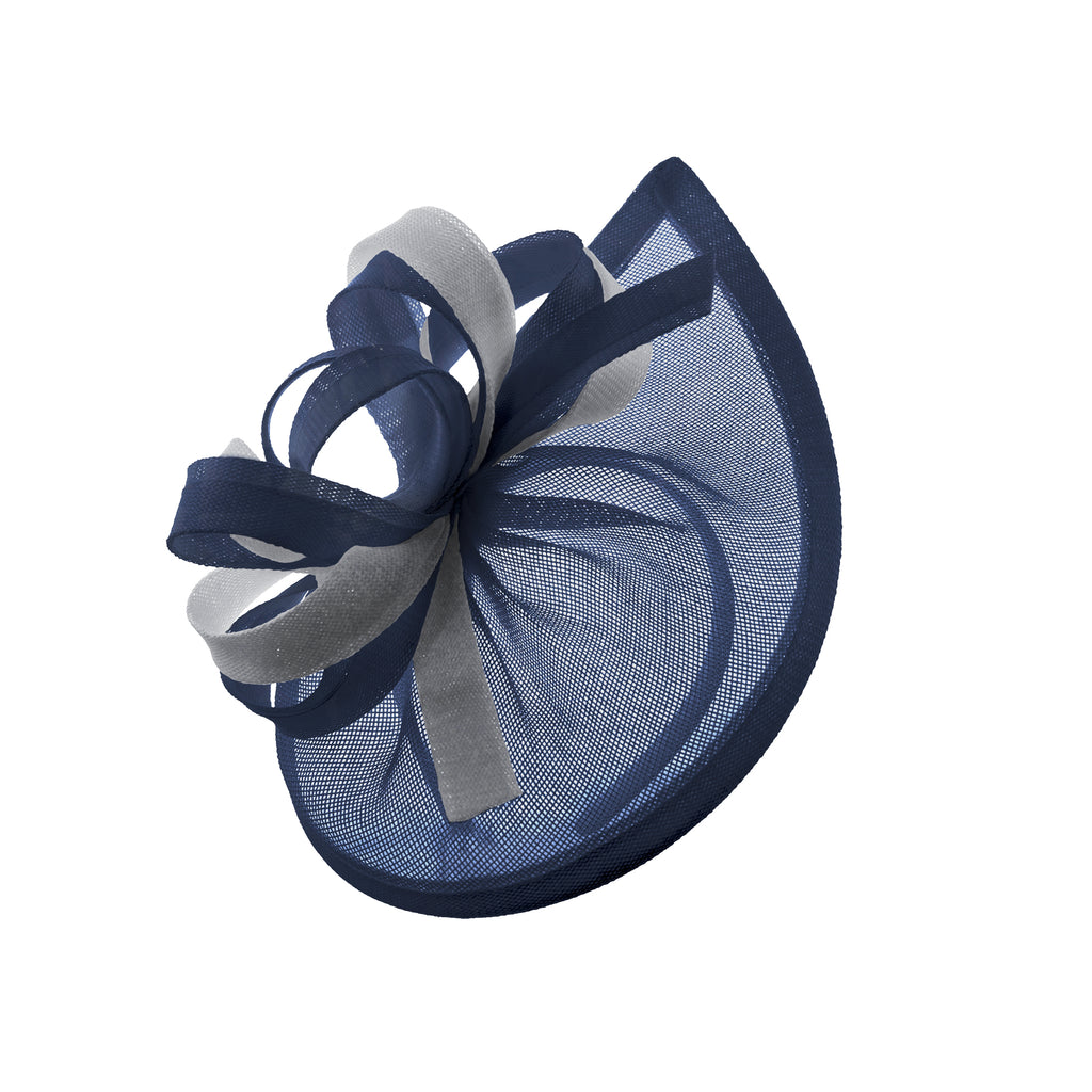 Caprilite Vegan MoonMix Hoop Fascinator Hat on Headband Wedding Ascot Races Bespoke Sinamay Disc - Navy Silver