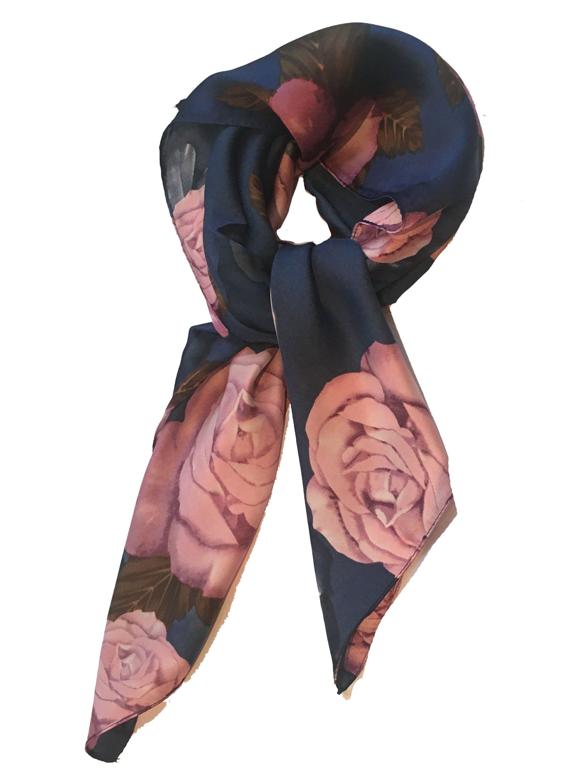 70cm x 70cm Square Scarf Navy Pink Rose Pattern Print Thin Silky Womens Summer Spring