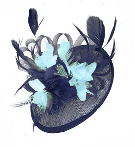 Caprilite Sinamay Navy Blue and Light Turquoise Disc Saucer Fascinator Hat for Women Weddings CLIP