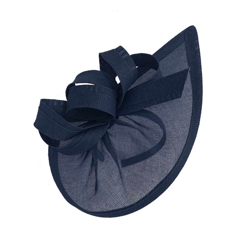 Caprilite Vegan Moon Hoop Fascinator Hat on Headband Wedding Ascot Races Bespoke Sinamay Disc - Navy Blue