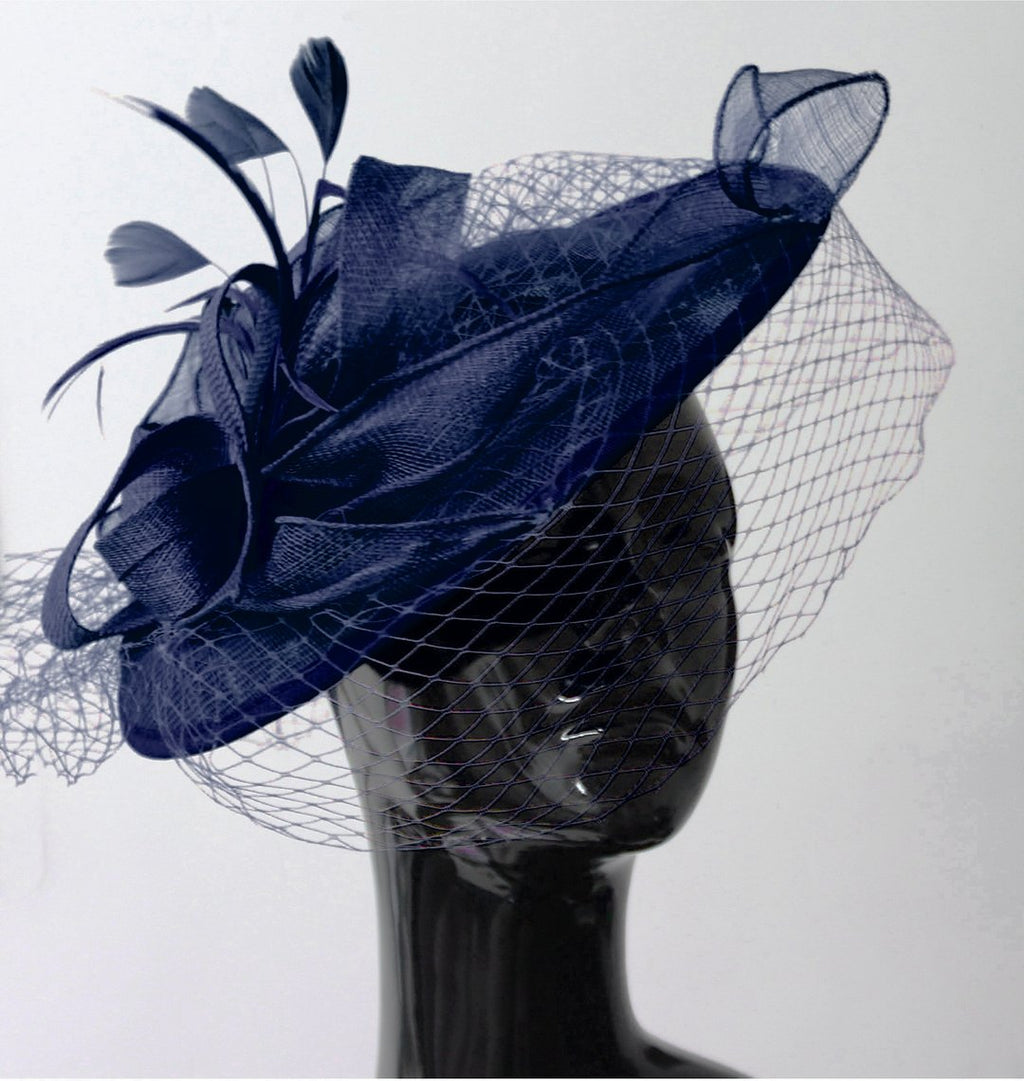 Caprilite Navy Big Saucer Sinamay Birdcage Veil Fascinator On Headband Wedding Derby Ascot Races Ladies Hat