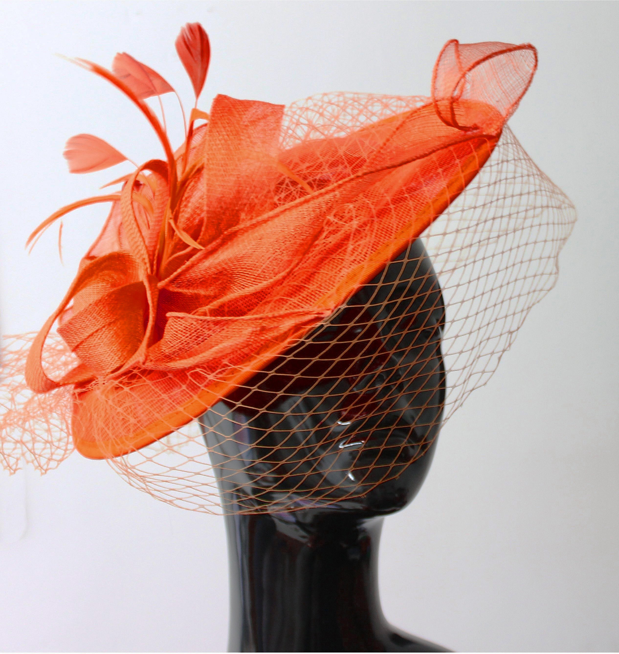 Caprilite Orange Big Saucer Sinamay Birdcage Veil Fascinator On Headband Wedding Derby Ascot Races Ladies Hat