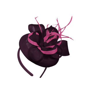 Prune Fuchsia Mix rond pilulier noeud Sinamay bandeau bibi mariages Ascot Hatinator courses