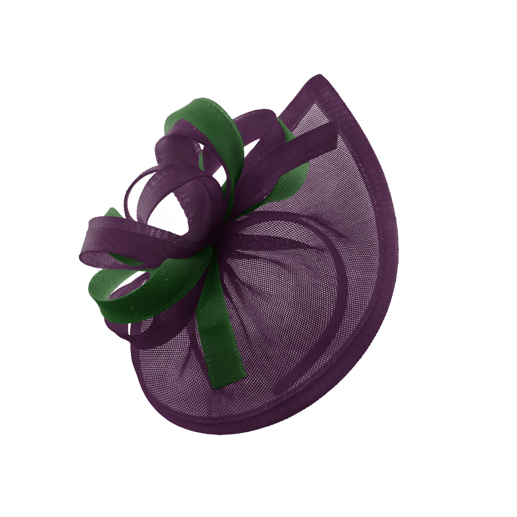 Caprilite Vegan MoonMix Hoop Fascinator Chapeau sur bandeau Mariage Ascot Races Sur mesure Sinamay Disc - Vert Prune