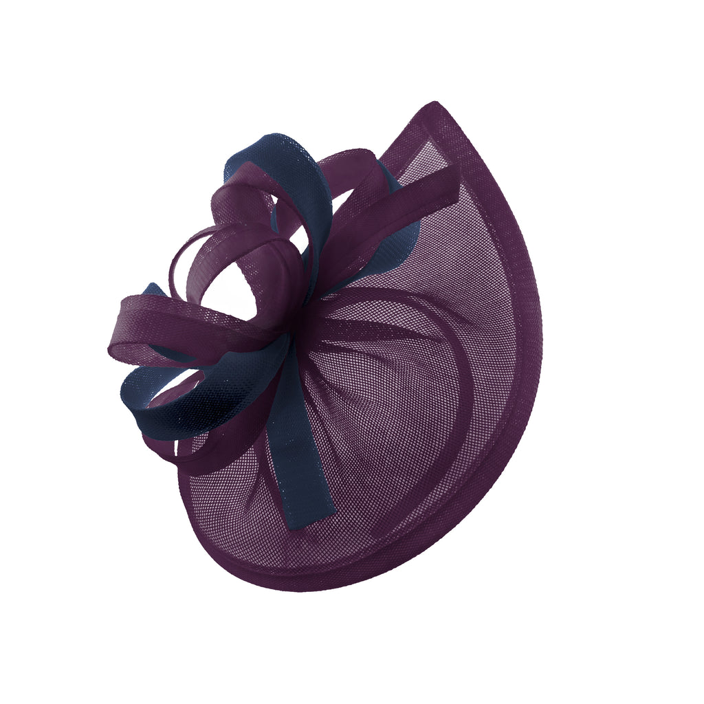 Caprilite Vegan MoonMix Hoop Fascinator Hat sur bandeau Mariage Ascot Races Sur mesure Sinamay Disc - Plum Navy