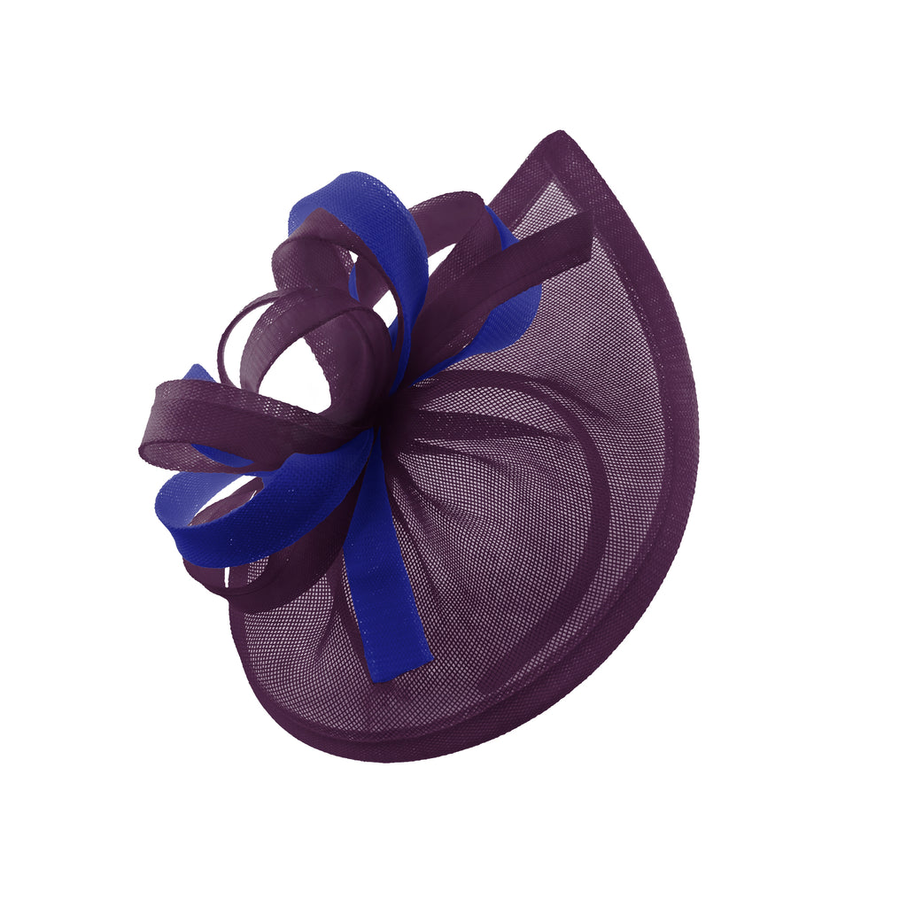 Caprilite Vegan MoonMix Hoop Fascinator Chapeau sur bandeau Mariage Ascot Races Sur mesure Sinamay Disc - Prune Bleu Royal