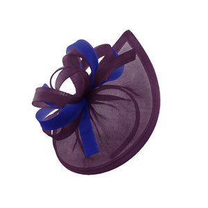 Caprilite Vegan MoonMix Hoop Fascinator Hat on Headband Wedding Ascot Races Bespoke Sinamay Disc - Plum Royal Blue