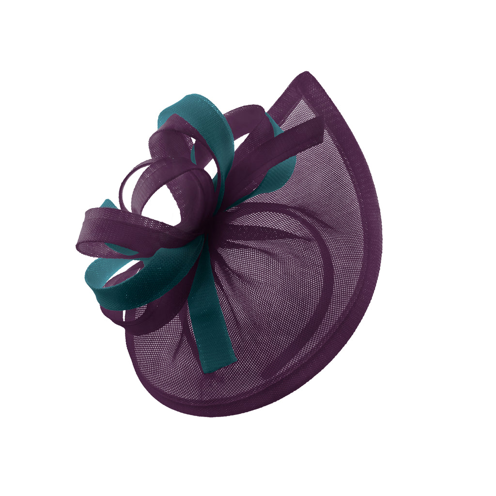 Caprilite Vegan MoonMix Hoop Fascinator Hat on Headband Wedding Ascot Races Bespoke Sinamay Disc - Plum Teal