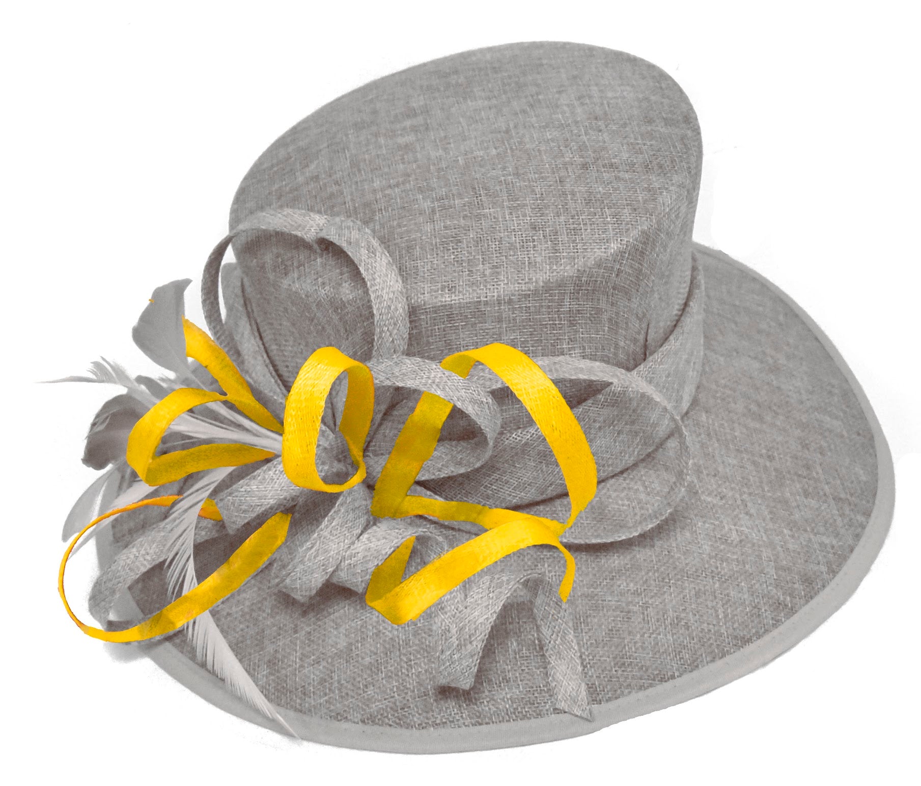 Gris argenté et jaune grand chapeau à bord de reine Occasion Hatinator Fascinator mariages formels