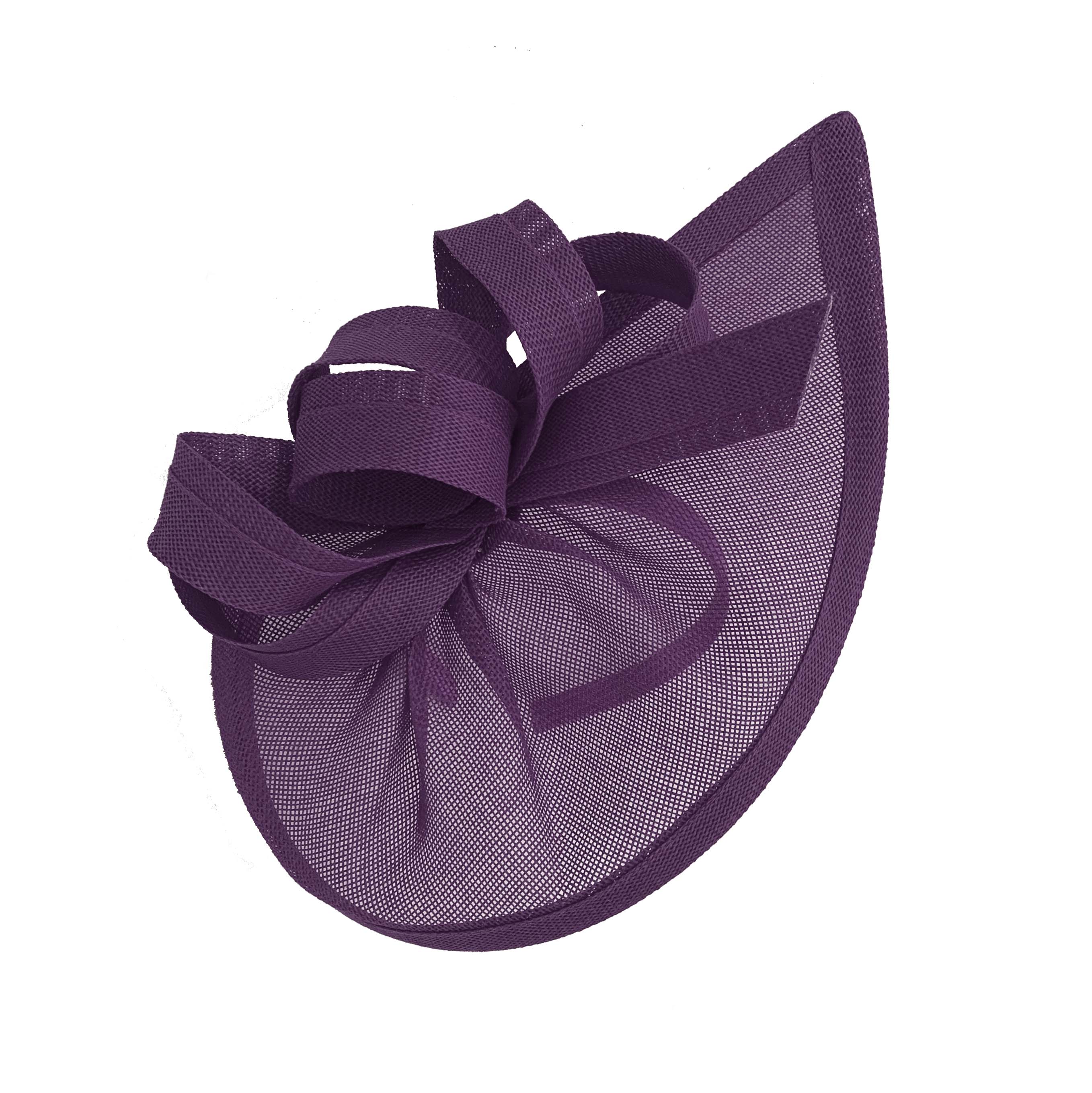 Caprilite Vegan Moon Hoop Fascinator Hat on Headband Wedding Ascot Races Bespoke Sinamay Disc - Dark Purple / Plum