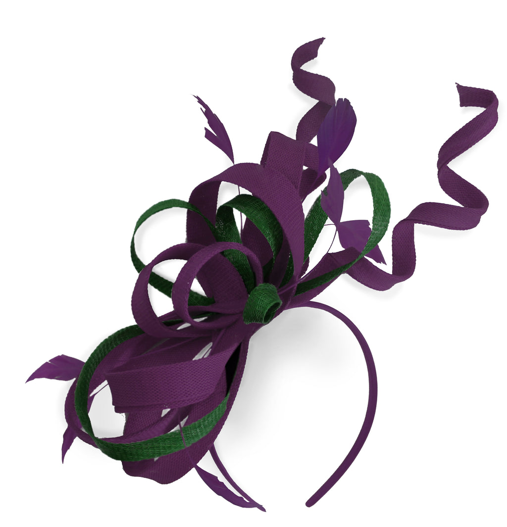 Caprilite Plum et Vert Mariage Tourbillon Fascinator Bandeau Alice Band Ascot Races Loop Net