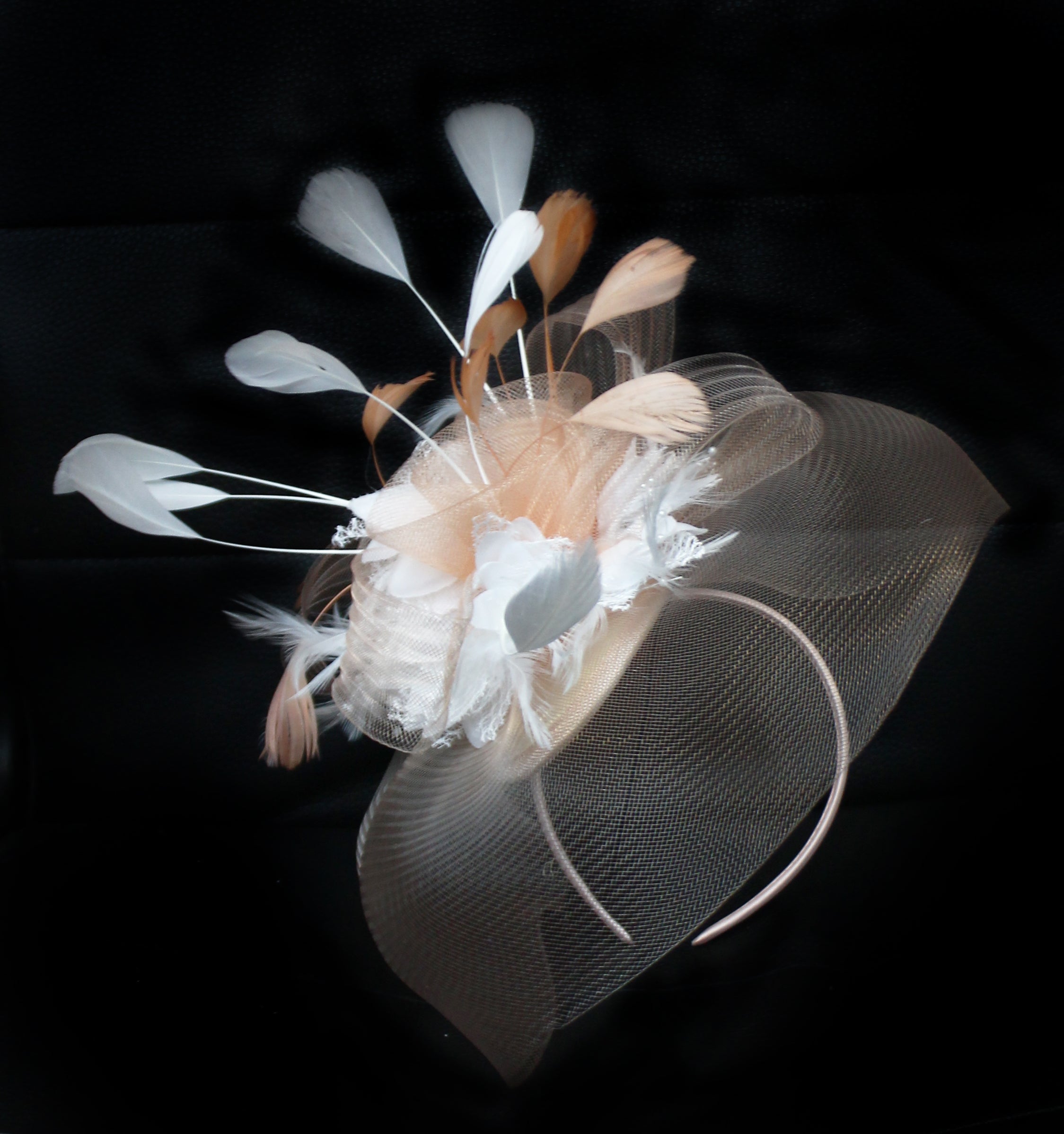 Popmix Plus - Nude Peach Pink and White with extra long Feathers Headband Veil