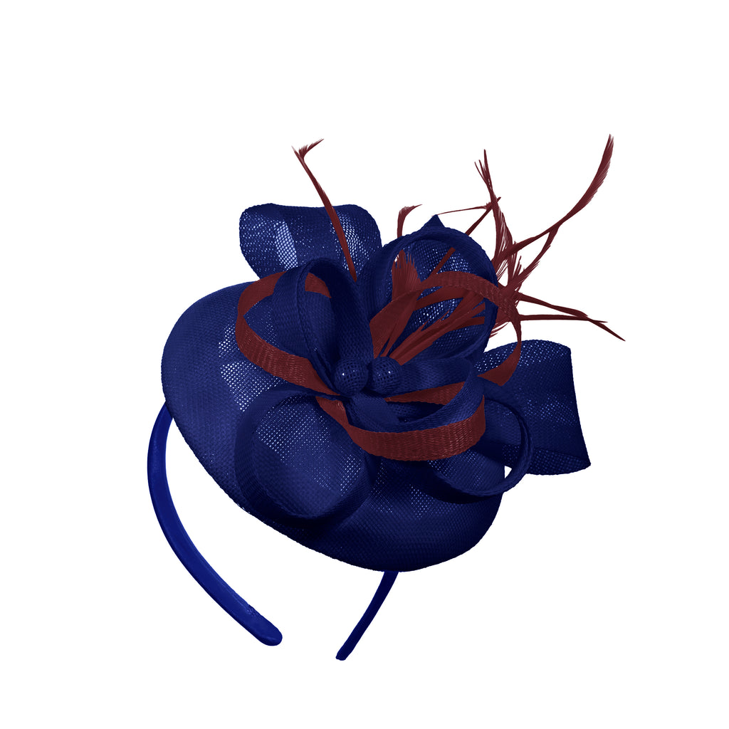 Royal Blue Burgundy Mix Round Pillbox Bow Sinamay Headband Fascinator Weddings Ascot Hatinator Races