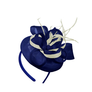 Royal Blue Cream Mix Round Pillbox Bow Sinamay Headband Fascinator Weddings Ascot Hatinator Races