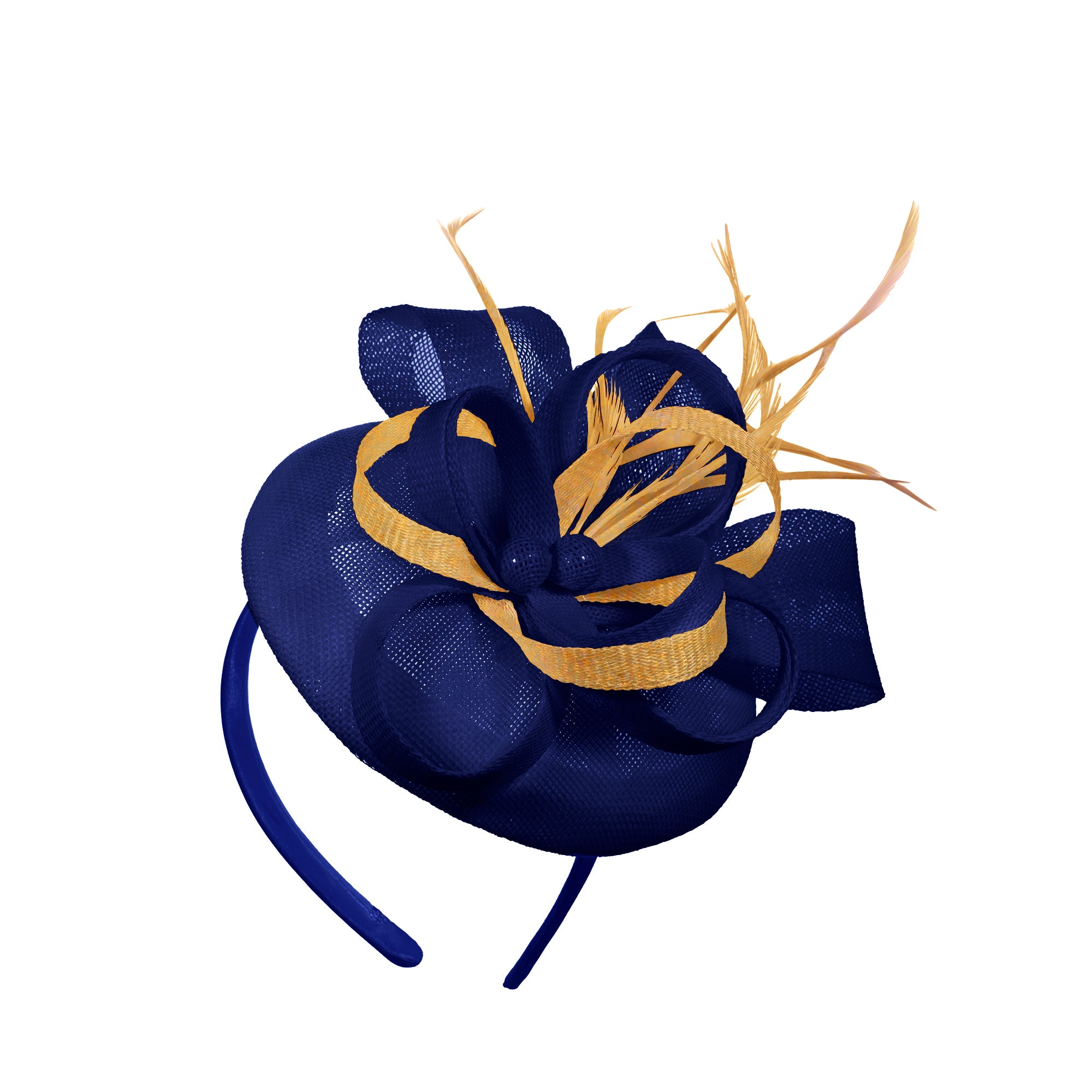 Royal Blue Gold Mix Round Pillbox Bow Sinamay Headband Fascinator Weddings Ascot Hatinator Races