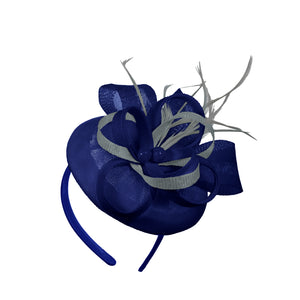 Royal Blue Silver Mix Round Pillbox Bow Sinamay Headband Fascinator Weddings Ascot Hatinator Races