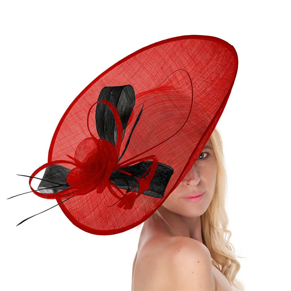 Rouge noir 41 cm mélange grand Sinamay Hatinator disque soucoupe bord chapeau bibi sur bandeau