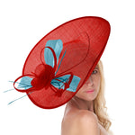 Bleuet rouge 41 cm mélange grand Sinamay Hatinator disque soucoupe bord chapeau bibi sur bandeau